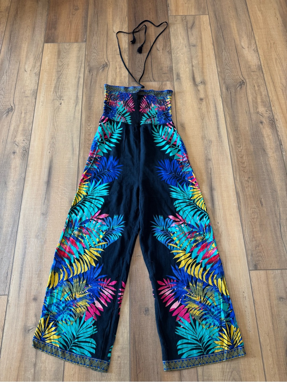 Flying Tomato Black Tropical Print Jumpsuit with Multicolor Leaves